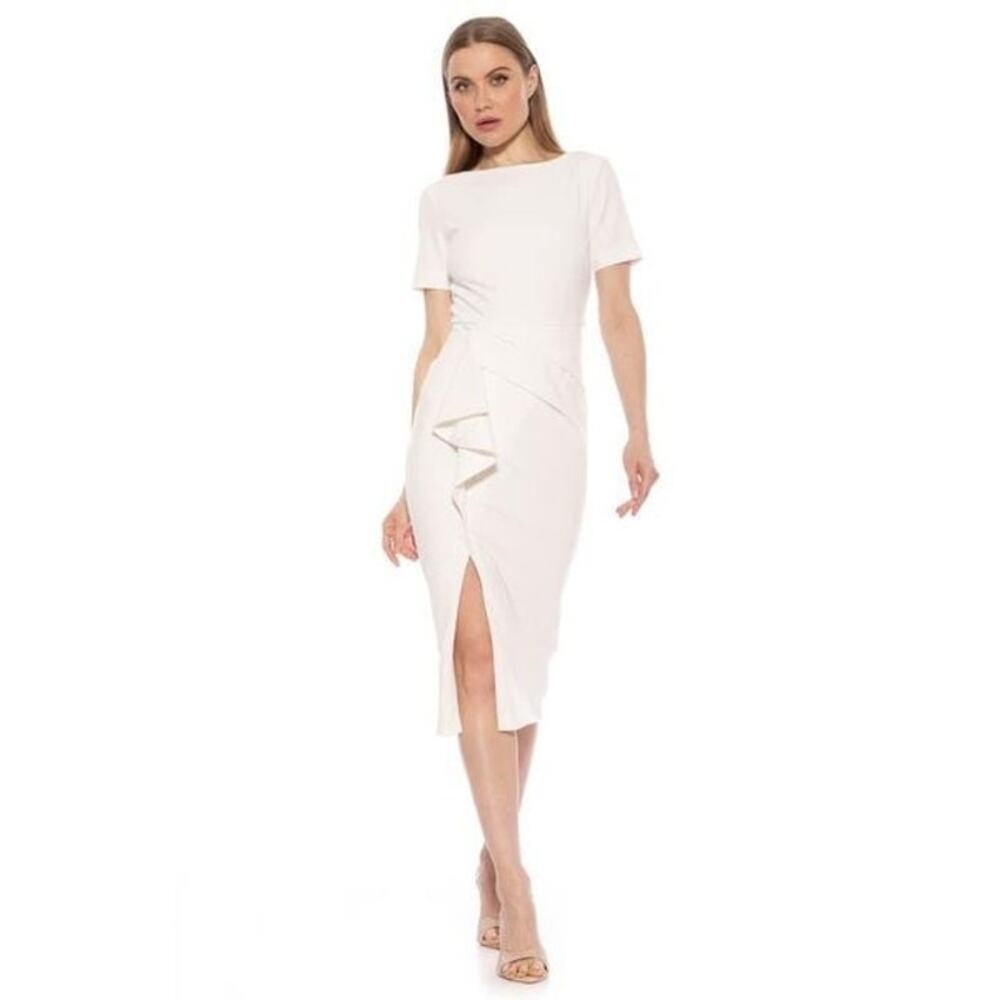 Alexia Admor Zayd Boatneck Midi Sheath Dress Ivory Ruffle Scuba Crepe Size M NWT